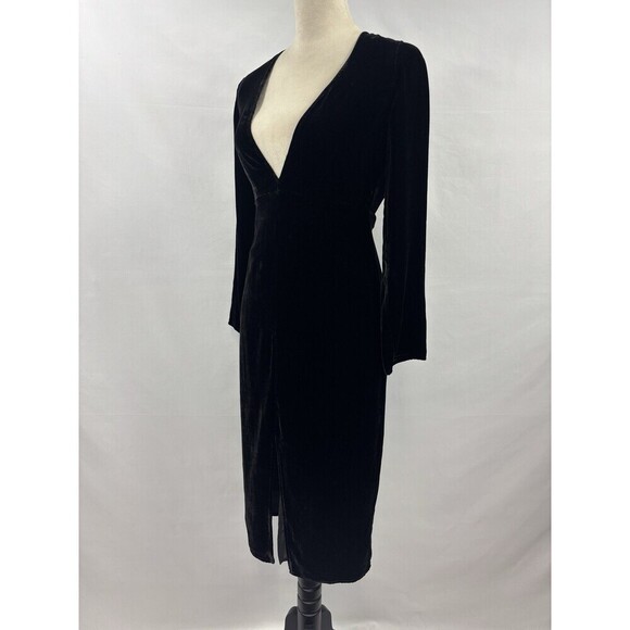 For Love & Lemons Colette Velvet Dress Black XS Wrap Midi Long Sleeve V-neck - Picture 2 of 13